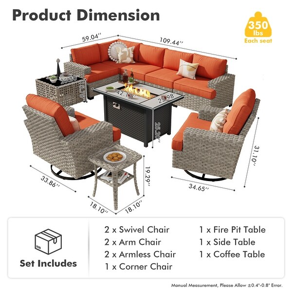 OVIOS 10 Pieces T shaped Seat Wide Armrest Swivel Chair Set With SolarPowered TableandFire Pit