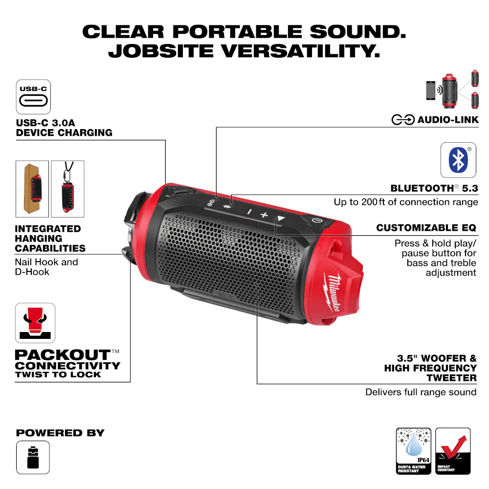 Milwaukee 2955-20 M12 12V PACKOUT Cordless Bluetooth Jobsite Speaker - Bare Tool