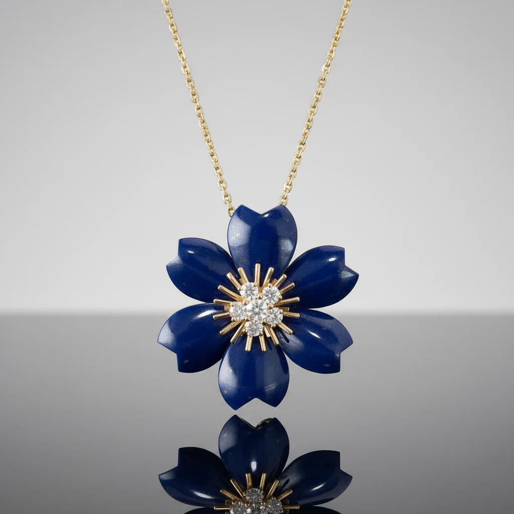 Van Cleef & Arpels Rose de Noël Clip Pendant Small Model Lapis Lazuli Diamond 18K Yellow Gold
