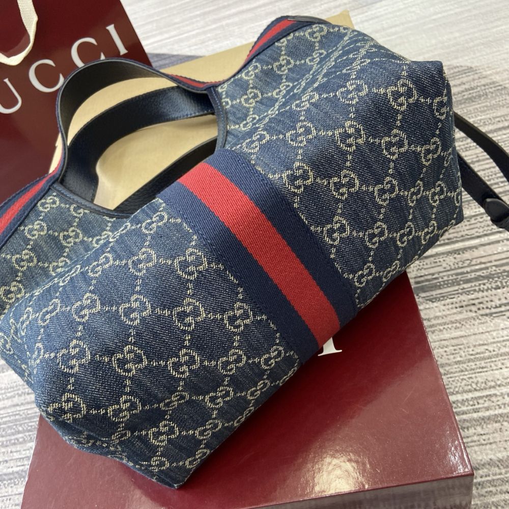 [Premium Quality] – Gucci Giglio Small Tote Bag Blue And White Gg Denim 9.8 Inches 860845 Fafrw 8864