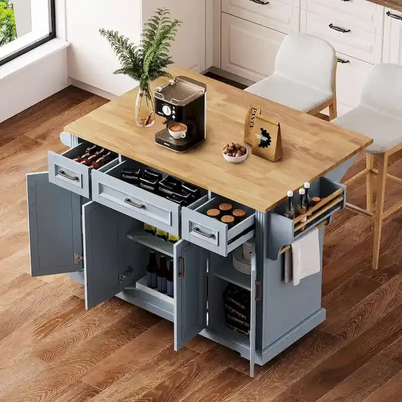 Rubberwood Rolling Kitchen Island – 54″ Drop-Leaf Cart with 4 Doors, 3 Drawers & Embossed Finish