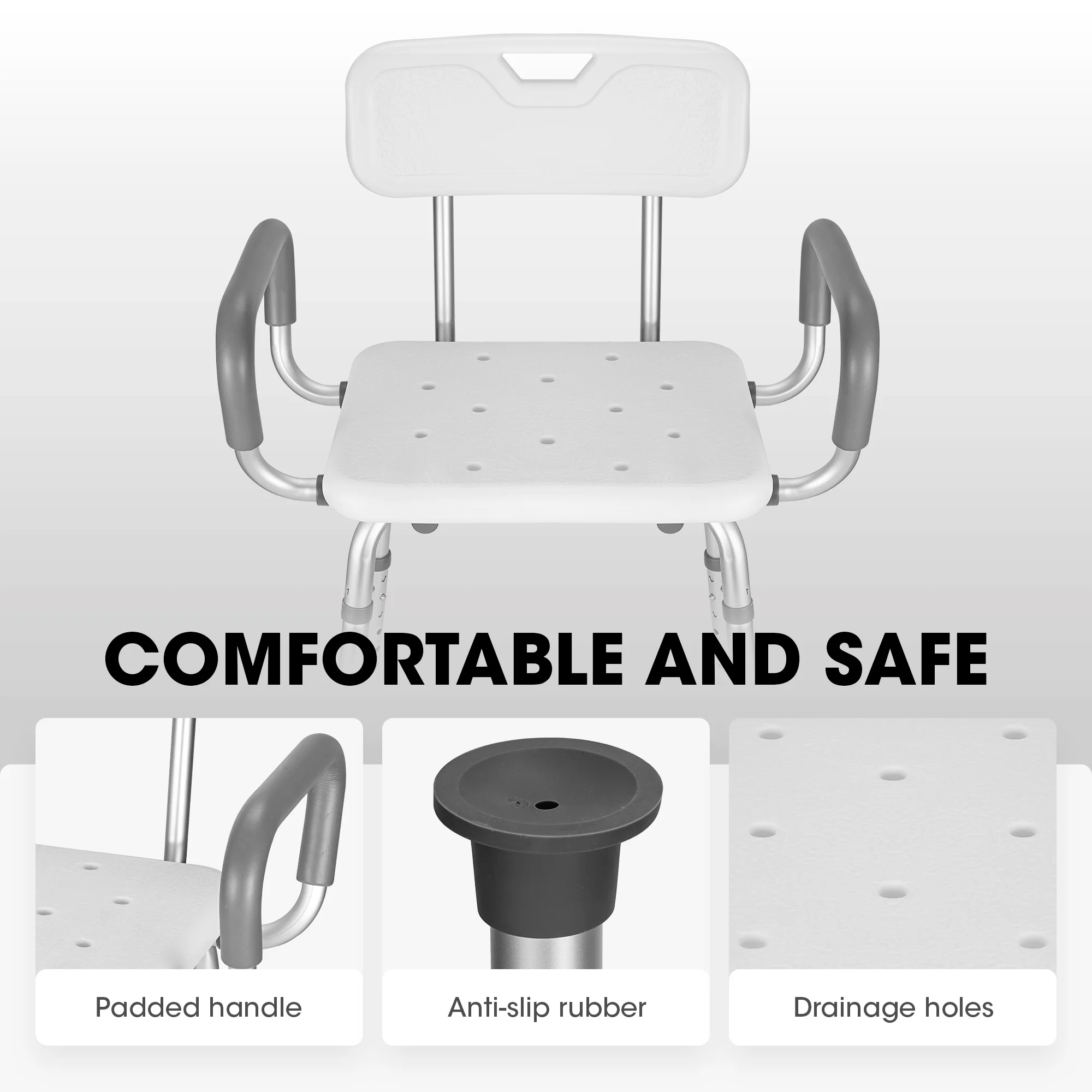 MaxKare Shower Chair with Back and Padded Armrests, 6 Levels Adjustable Height 26.8