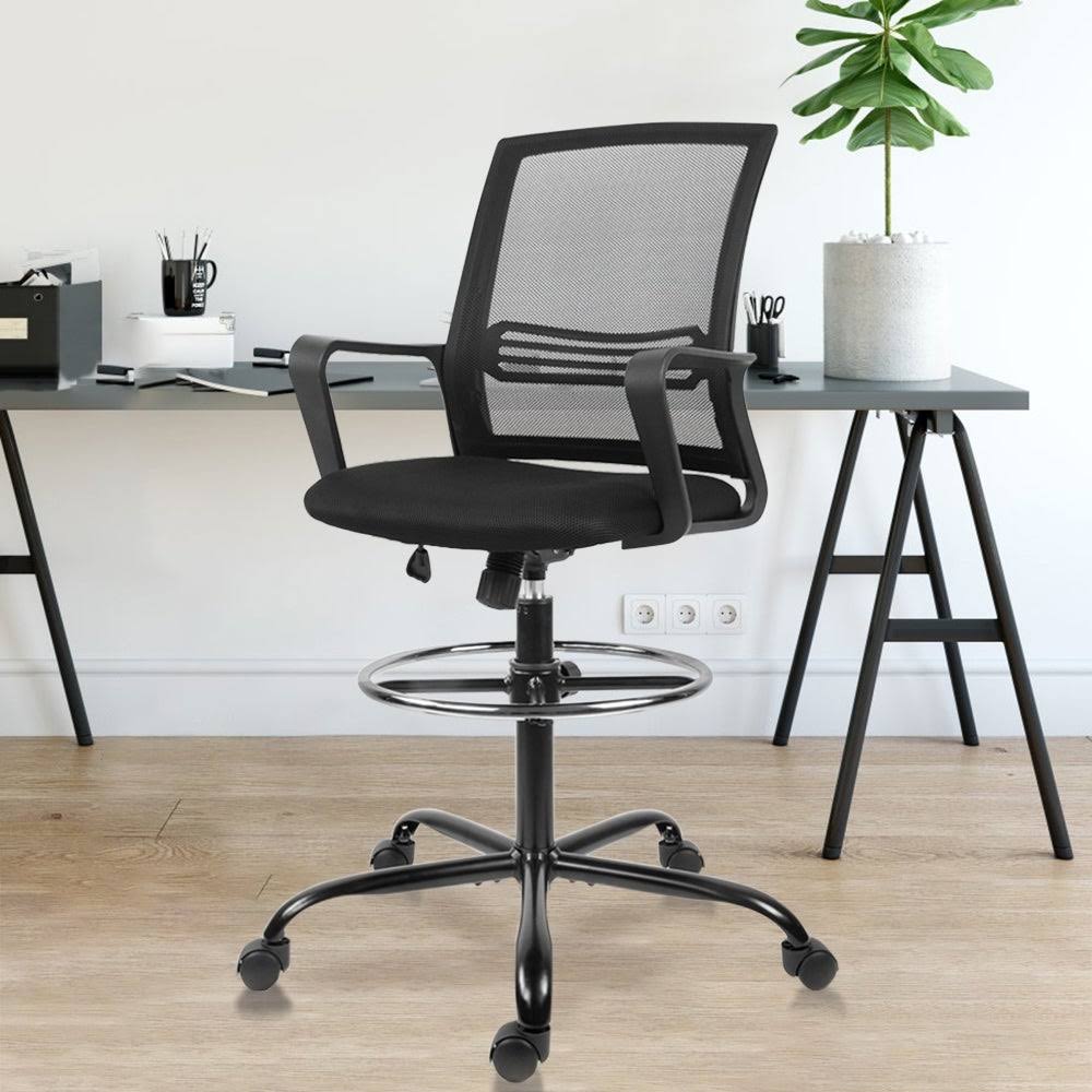 Home Office Computer Task Drafting Chair Black Adjustable Height Foot Ring Swivel Stool