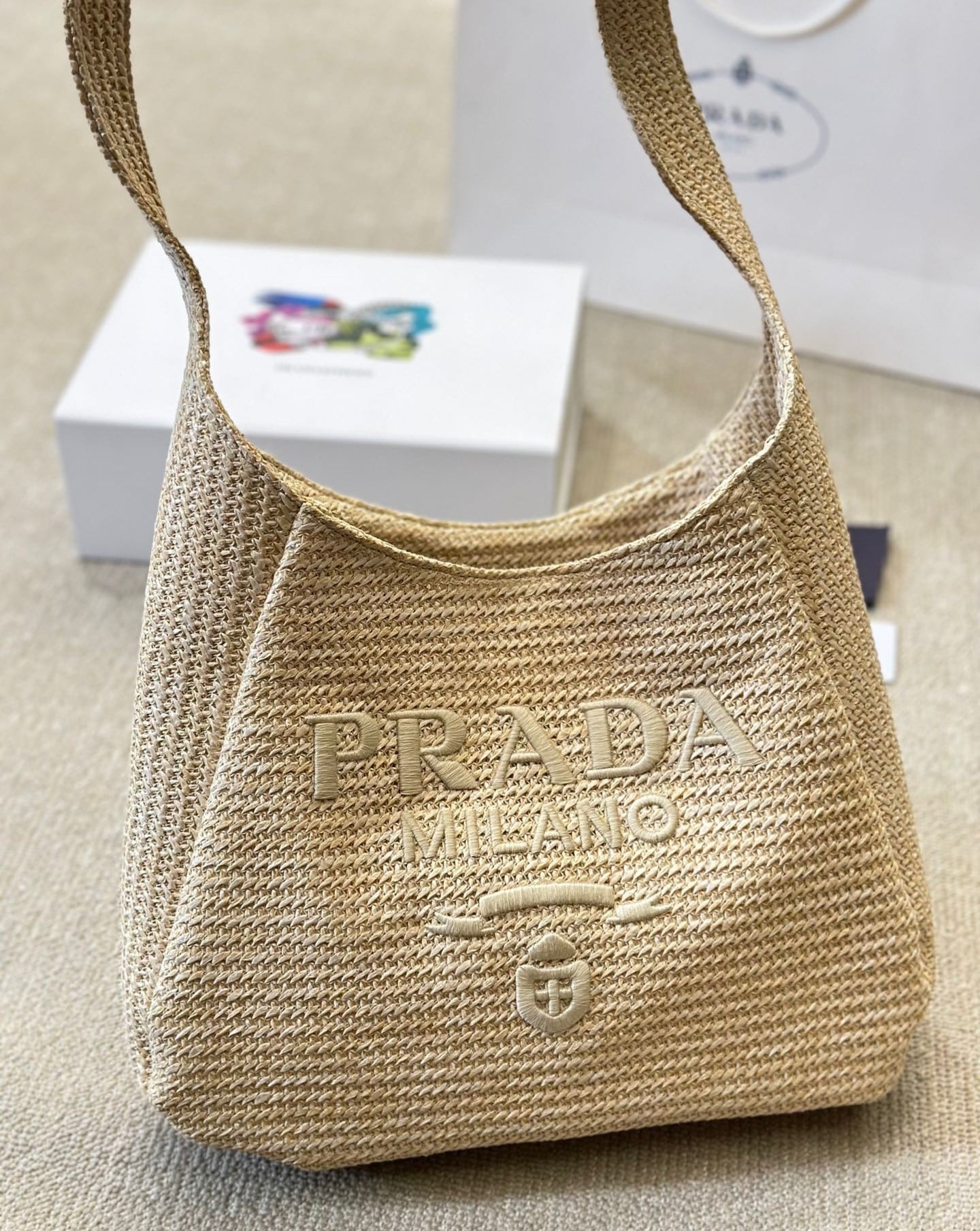 Prada Logo Embossed Raffia Shoulder Bag Beige 33Cm