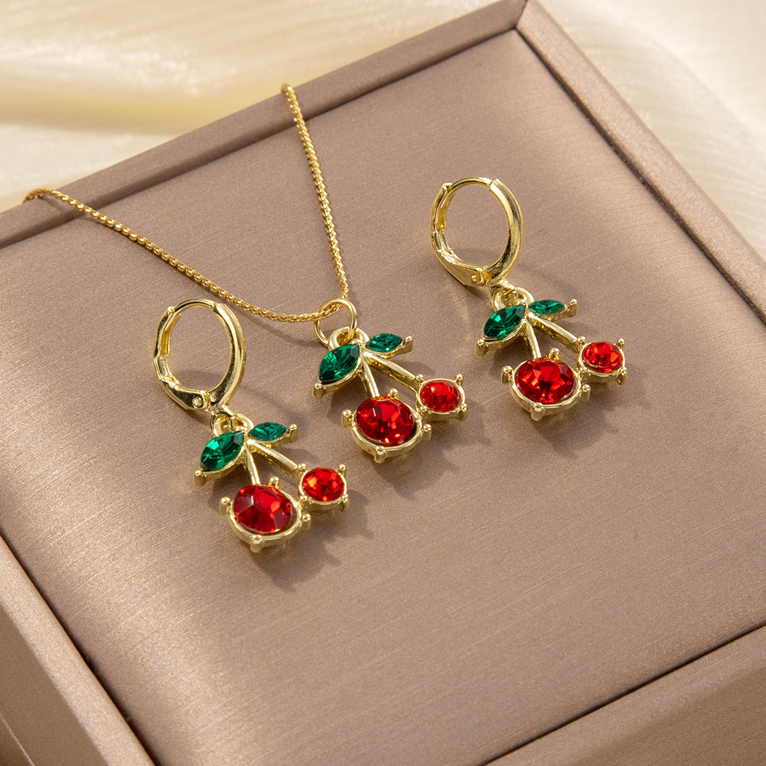 Red Zircon Fruit Cherry Pendant Earrings Necklace For Women New Trend Fashion Collarbone Chain Jewelry Set Gifts