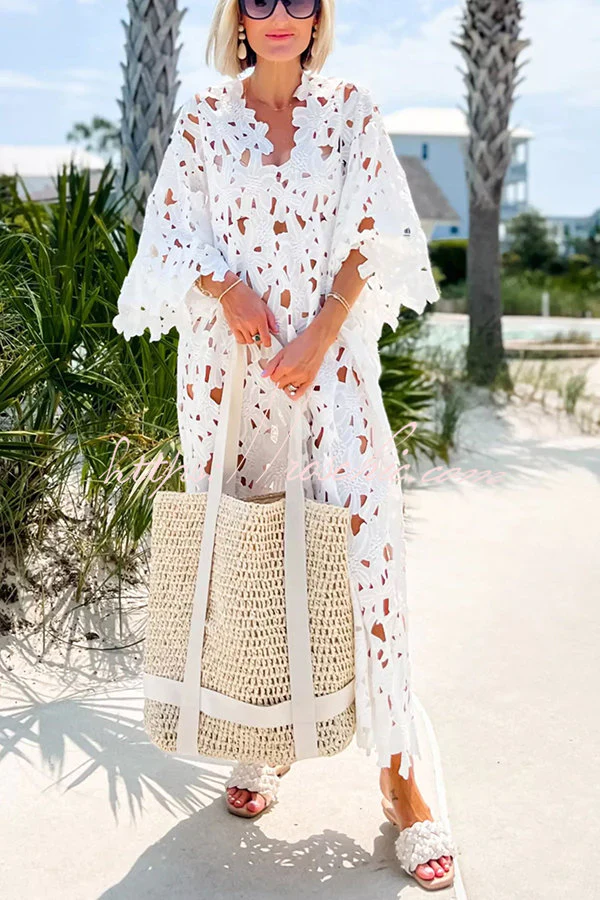 Lace Maxi Tunic Dress V-Neck Floral Cut-OutClistos