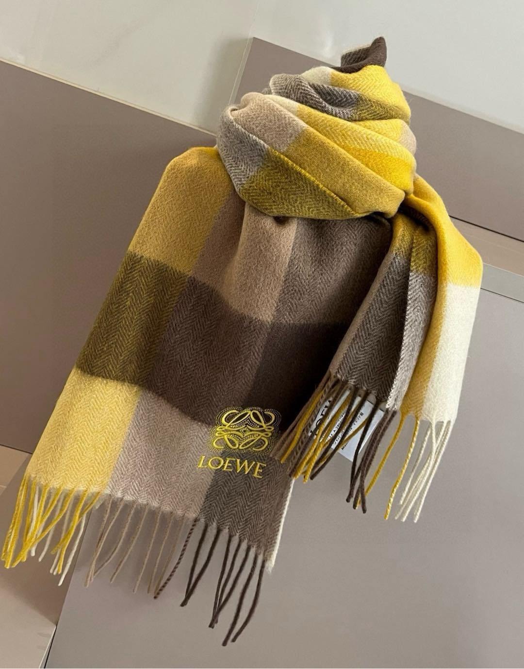 Loewe Cashmere Scarf Check Yellow For Women 180cm