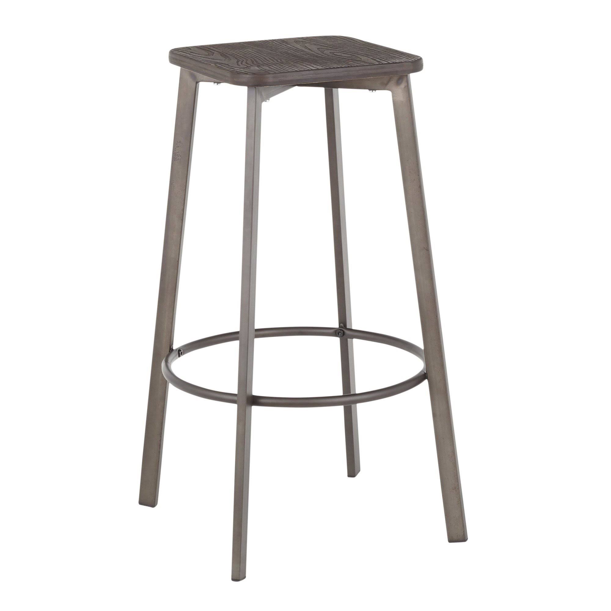 LumiSource Clara Square Barstool - Set of 2 - Vintage White Metal, Espresso Bamboo