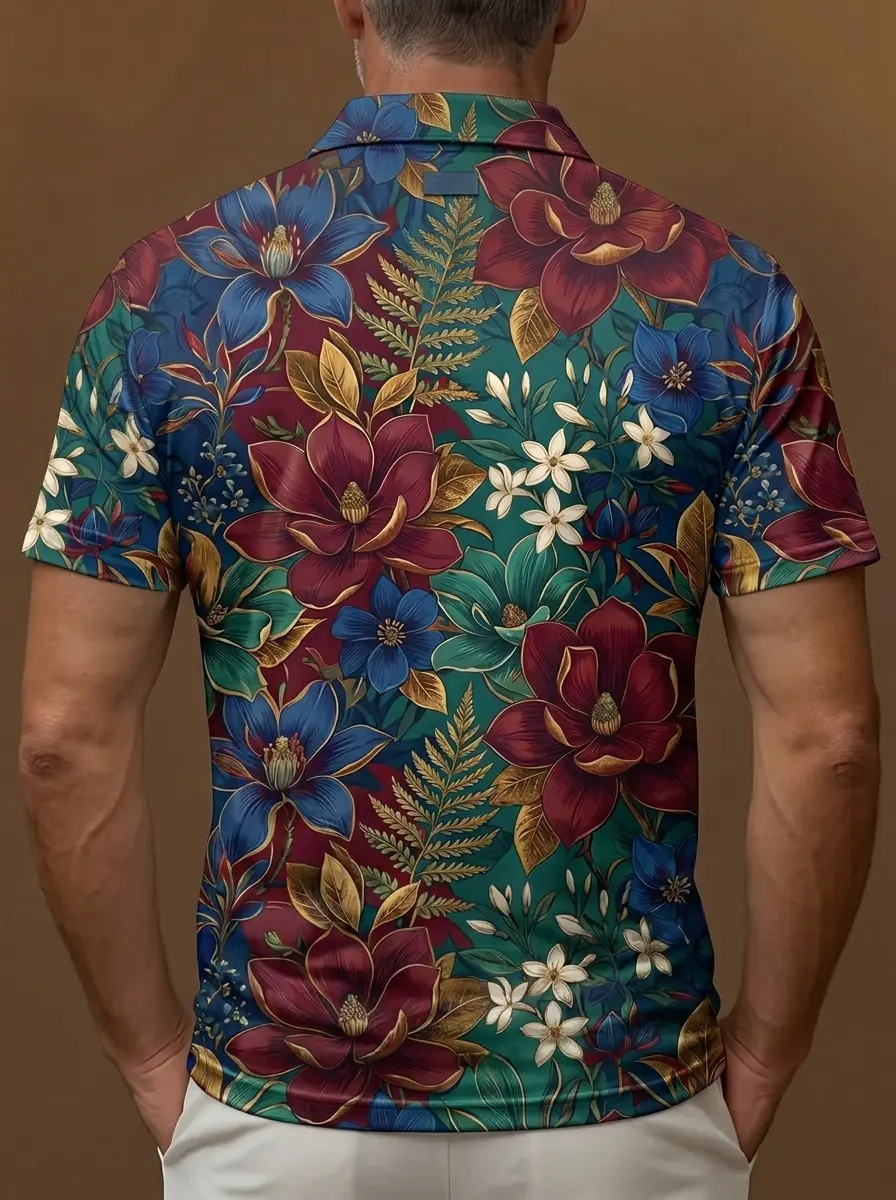 Deep Teal Red Floral Print with Gold Accents Short Sleeve Golf Polo Shirt