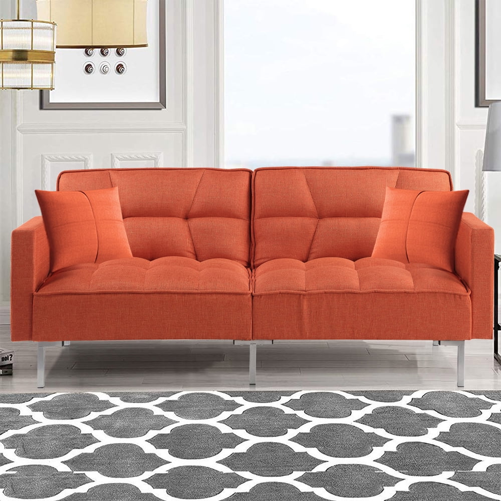 Orange Futon Sofa Bed, Convertible Folding Sofa Bed, Modern Upholstered Sleeper Sofa Bed with 2 Pillows and Metal Legs, Heavy Duty Futon Sofa Furniture for Living Room Bedroom Dorm Apartment