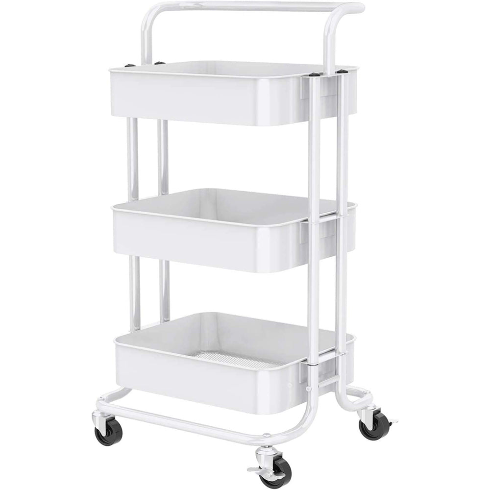 3-Tier Rolling Kitchen Cart, Home Kitchen Storage Utility Cart with Handle, Bathroom Organizer Cart on Wheels, White