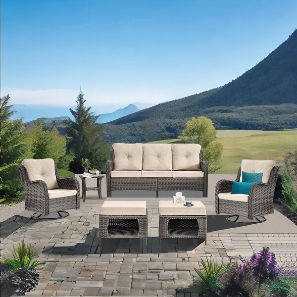 Rattan Wicker Patio Furniture Conversation Seating with 360�� High Back Swivel Chairs+Storage Ottomans,Beige Cushions Included??