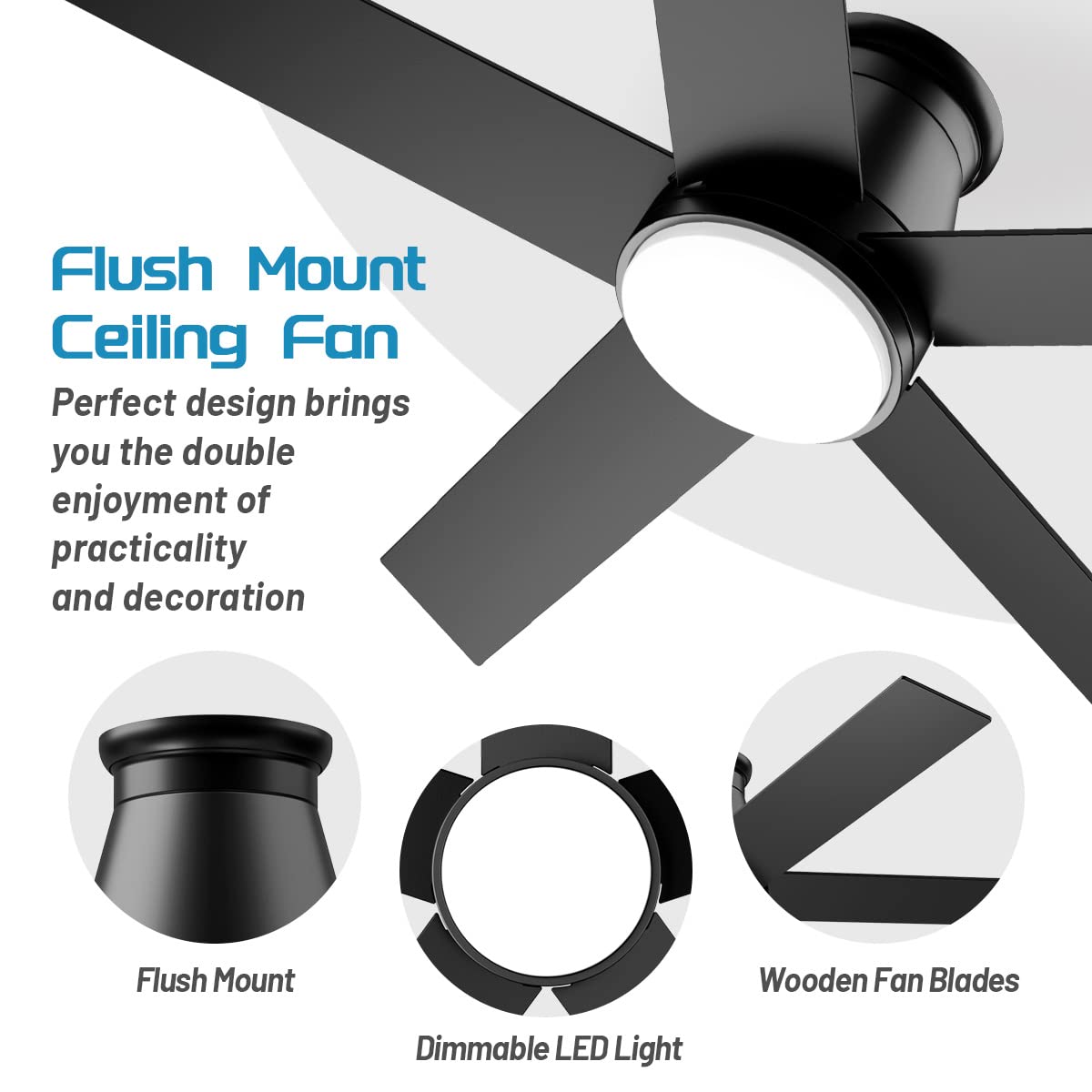 Wurzee 52'' Flush Mount Ceiling Fan, 6 Speeds DC Reversible Motor