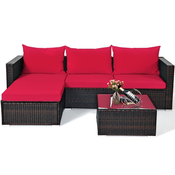 5PCS Patio Rattan Furniture Set Sectional Conversation Sofa w/ Coffee