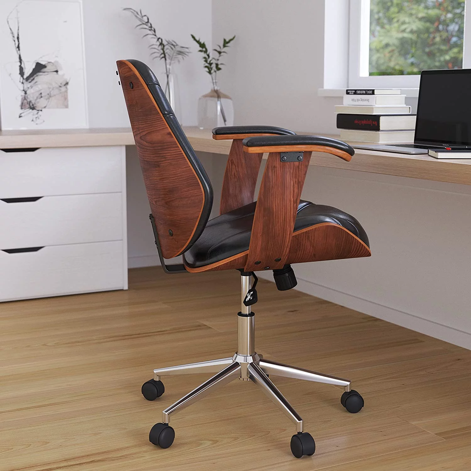 RUNFAYBIU Frederick Mid-Back Ergonomic Office Chair Executive Swivel Bentwood Frame Desk Chair in Black Faux Leather