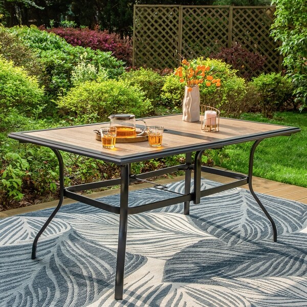 MAISON ARTS Woodlook PVC Patio Dining Table Steel Large Rectangular Table with Umbrella Hole