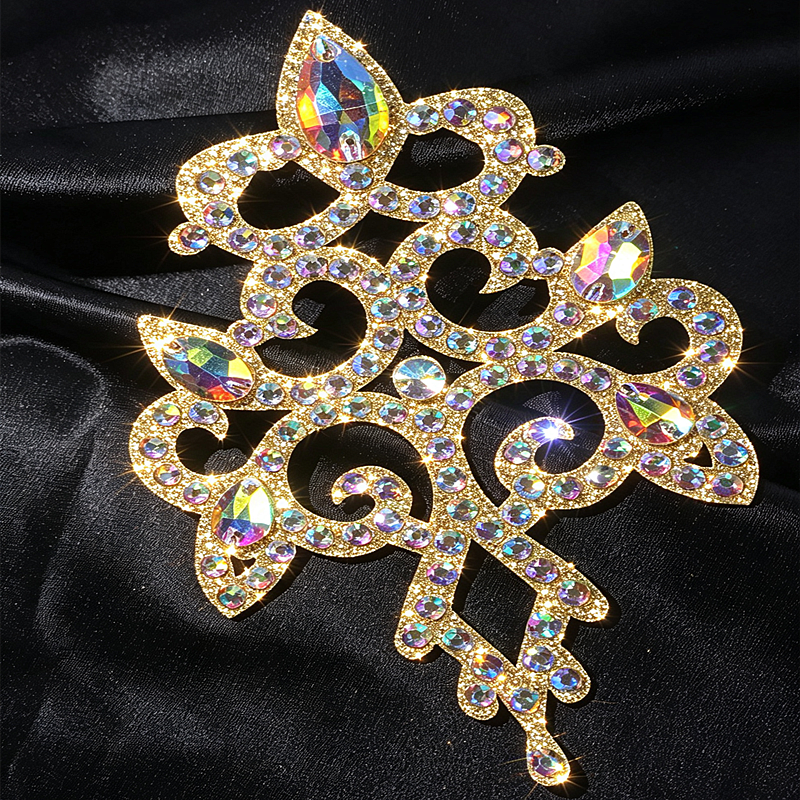 Gold ABCrystal Rhinestone Applique Large Rhinestone Patch Bridal Gown Dance Costume Evening Dress Garment Embellishment DIY BL02