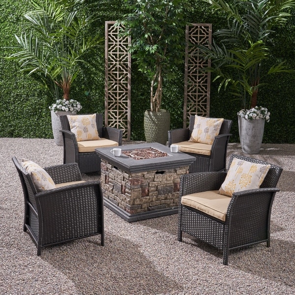 St. Lucia Outdoor 4 Piece Wicker Chat Set with Fire Pit by Christopher Knight Home