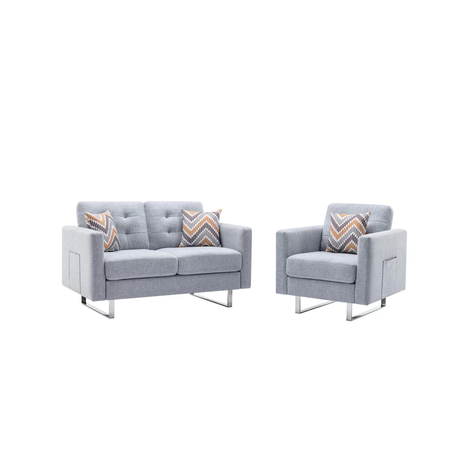 Maykoosh Boho Beauty Light Gray Linen Fabric Loveseat Chair Living Room Set with Metal Legs, Side Pockets, and Pillows