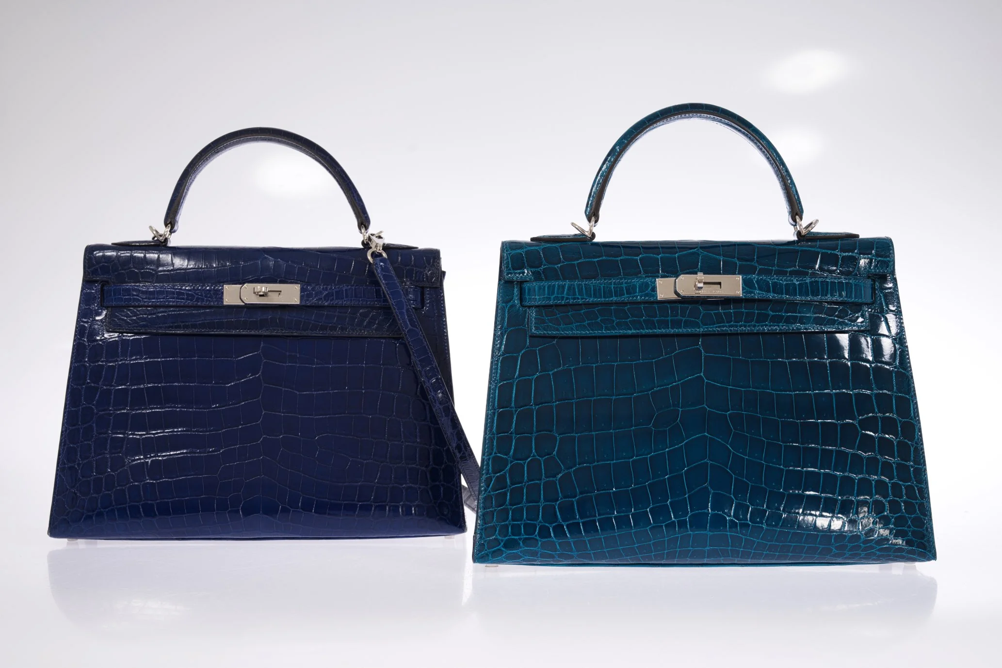 Hermès Kelly 32 Sellier Blue Colvert Shiny Niloticus Crocodile Palladium Hardware