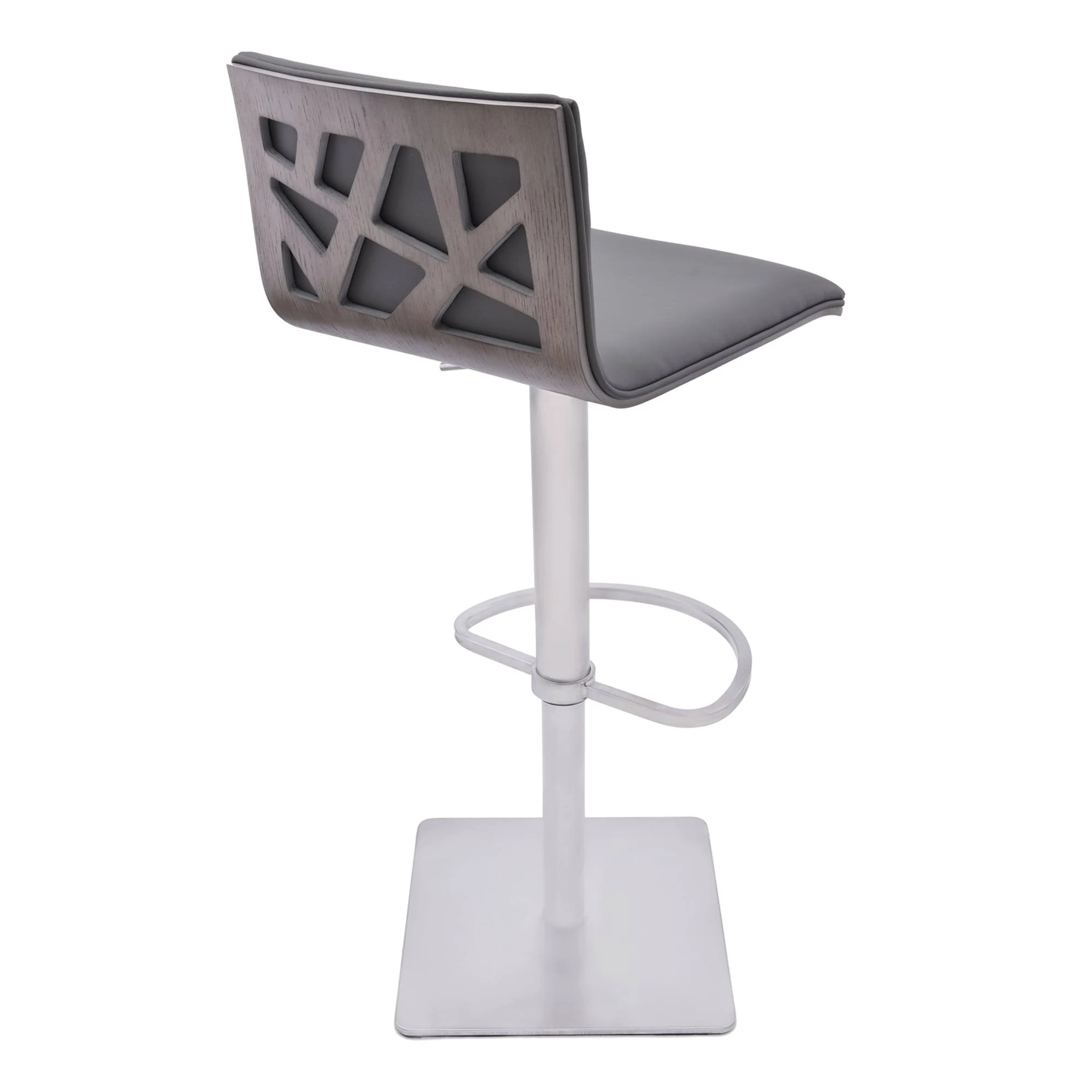 Armen Living Crystal Barstool in Brushed Stainless Steel Finish with Grey Faux Leather and Walnut Back