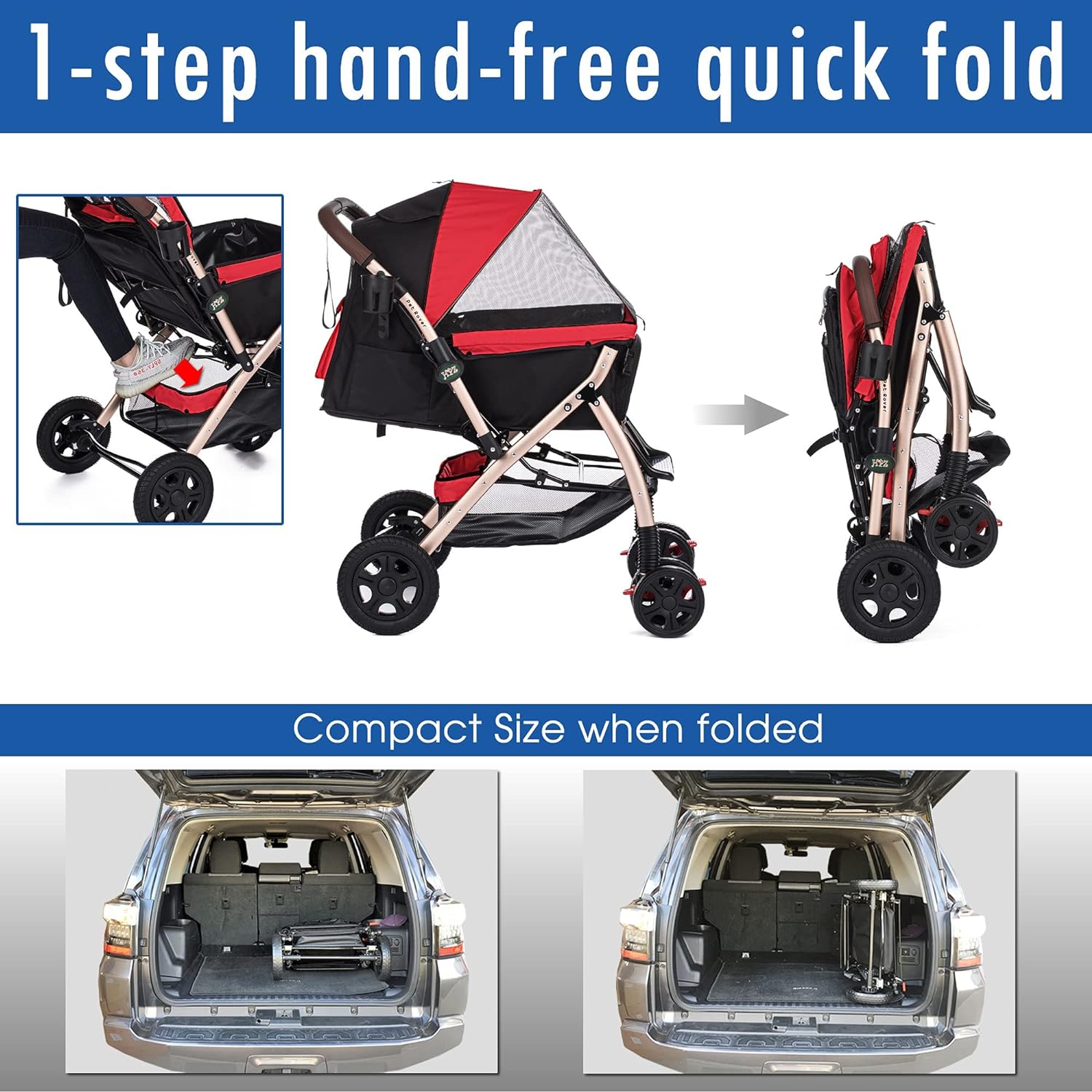 Pet Rover Premium Heavy Duty DogCat Stroller Travel Carriage CompartmentZipperless EntryPump-Free Rubber Tires Small, Medium, Large Pets (Black 2nd-Gen.), X-Large (Pack of 1)