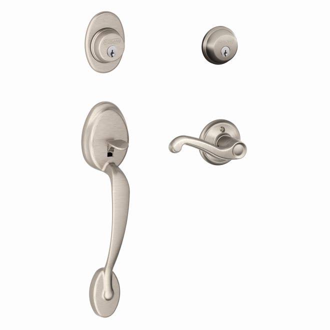 Schlage F62PLY619FLARH Plymouth with Flair Right Hand Double Cylinder Handleset and TRIM, Satin Nickel