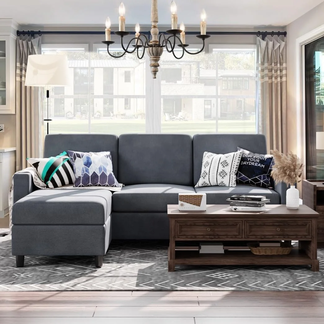 Shintenchi Convertible Sectional Sofa Couch, Modern Linen Fabric L-Shaped Couch 3-Seat Sofa Sectional with Reversible Chaise for Small Living Room, Apartment and Small Space (Dark Grey)