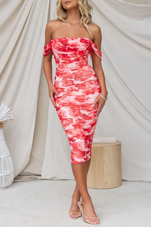 Elegant Off Shoulder Ruched Floral Midi DressClistos