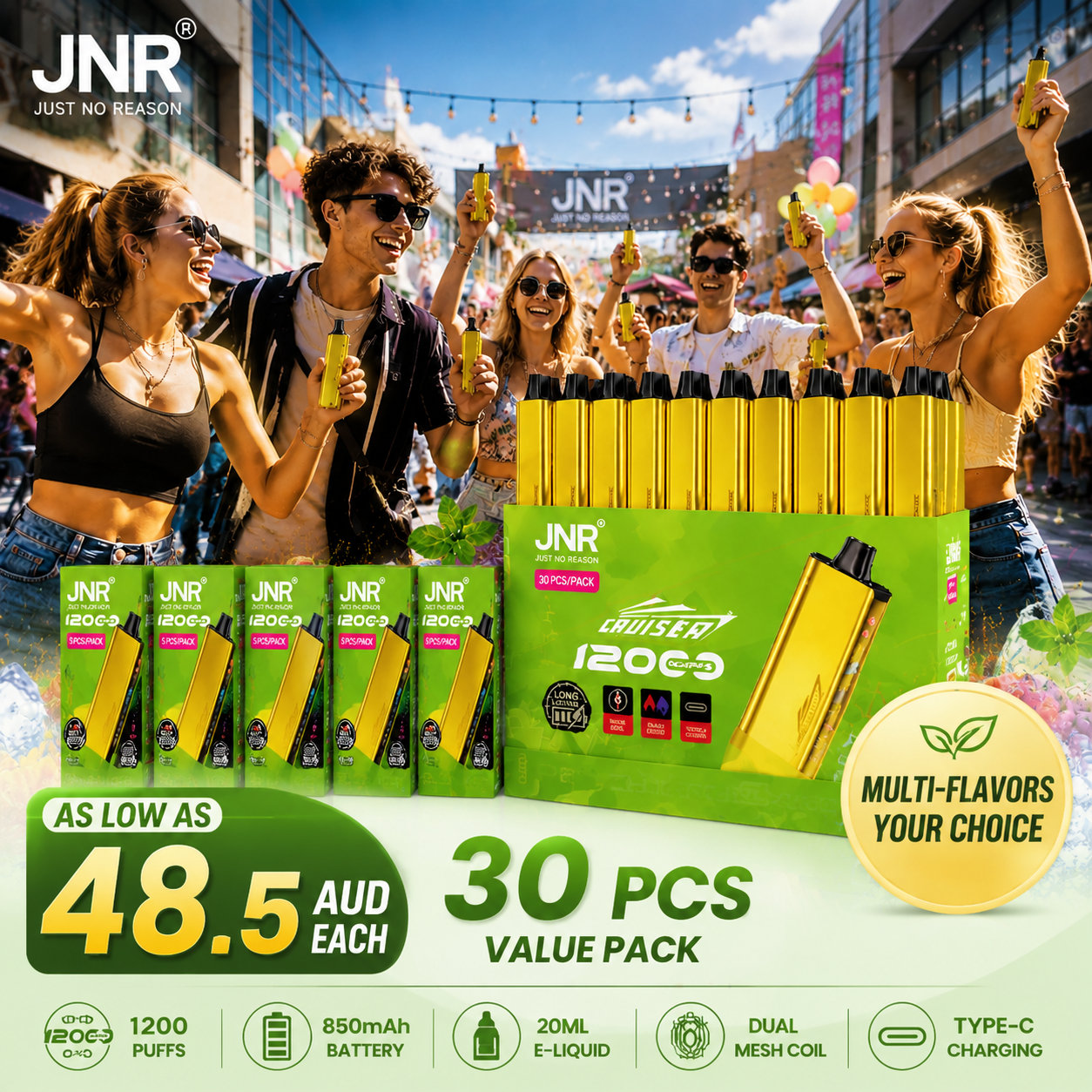 JNR Cruiser 12000 Puffs Mega Deal 5-30 Packs • Multiple Flavors • From 48.5AU/Each • Free Shipping