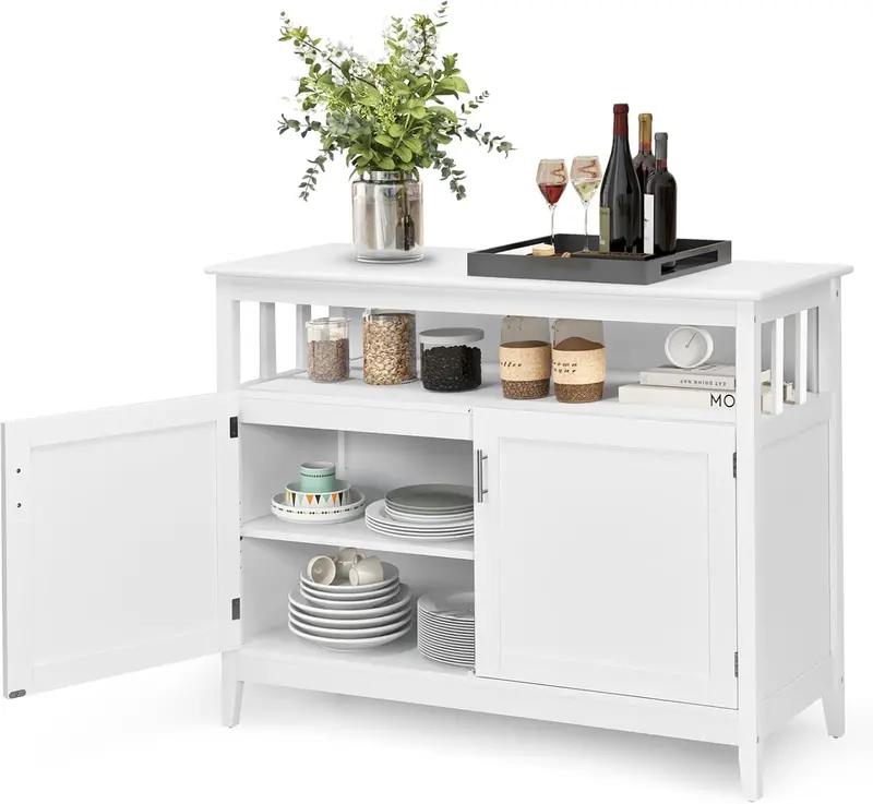 Rustic Farmhouse Sideboard with Removable Shelf, Anti-Tip Kit & Adjustable Feet – Wood-Legged Coffee Bar Cabinet