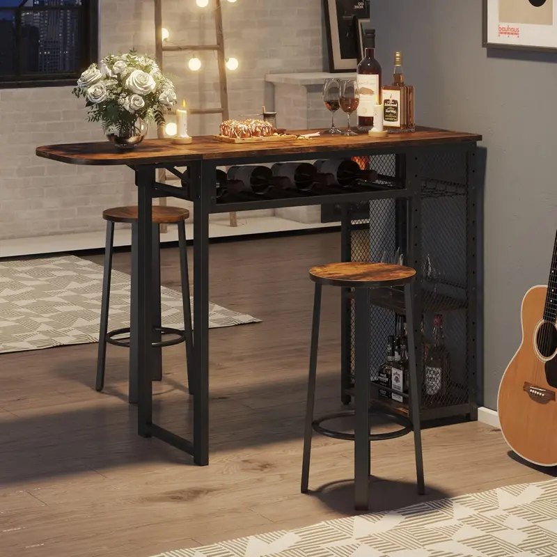 Rustic Expandable Bar Table Set – 2-Stool Dining Combo with Wine Rack, 3-Tier Adjustable Shelves, and Counter Height Design