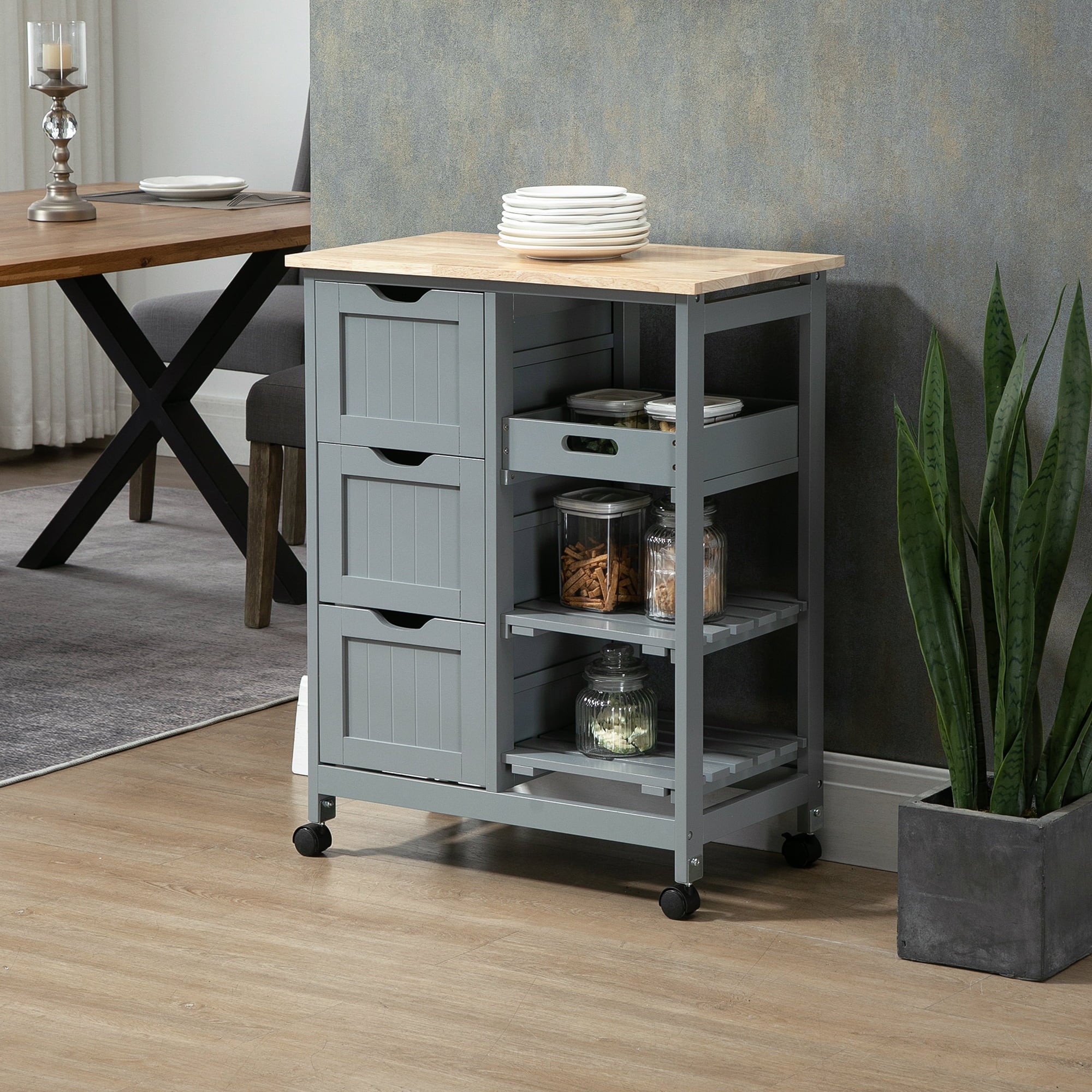 HomCom Rolling Kitchen Island Cart, Bar Serving Cart, Compact Trolley on Wheels with Wood Top, Shelves and Drawers for Home Dining Area, Gray