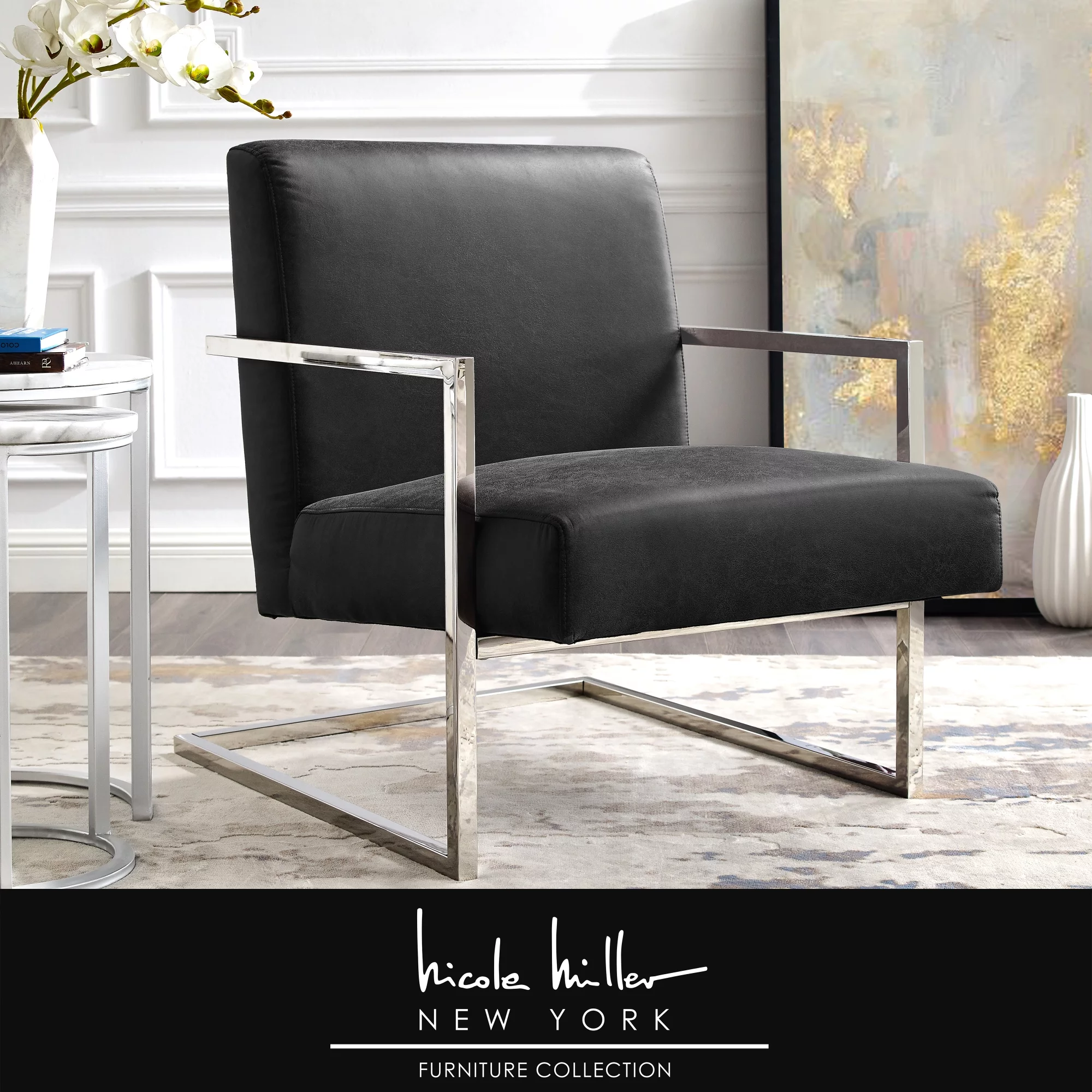 Nicole Miller Accent Chair Santana PU Leather, Charcoal/Chrome