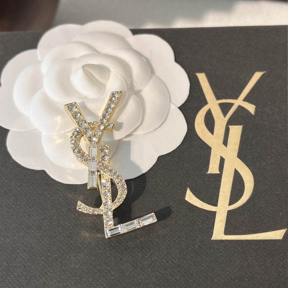 Saint Laurent Ysl Brooch Gold With Stone