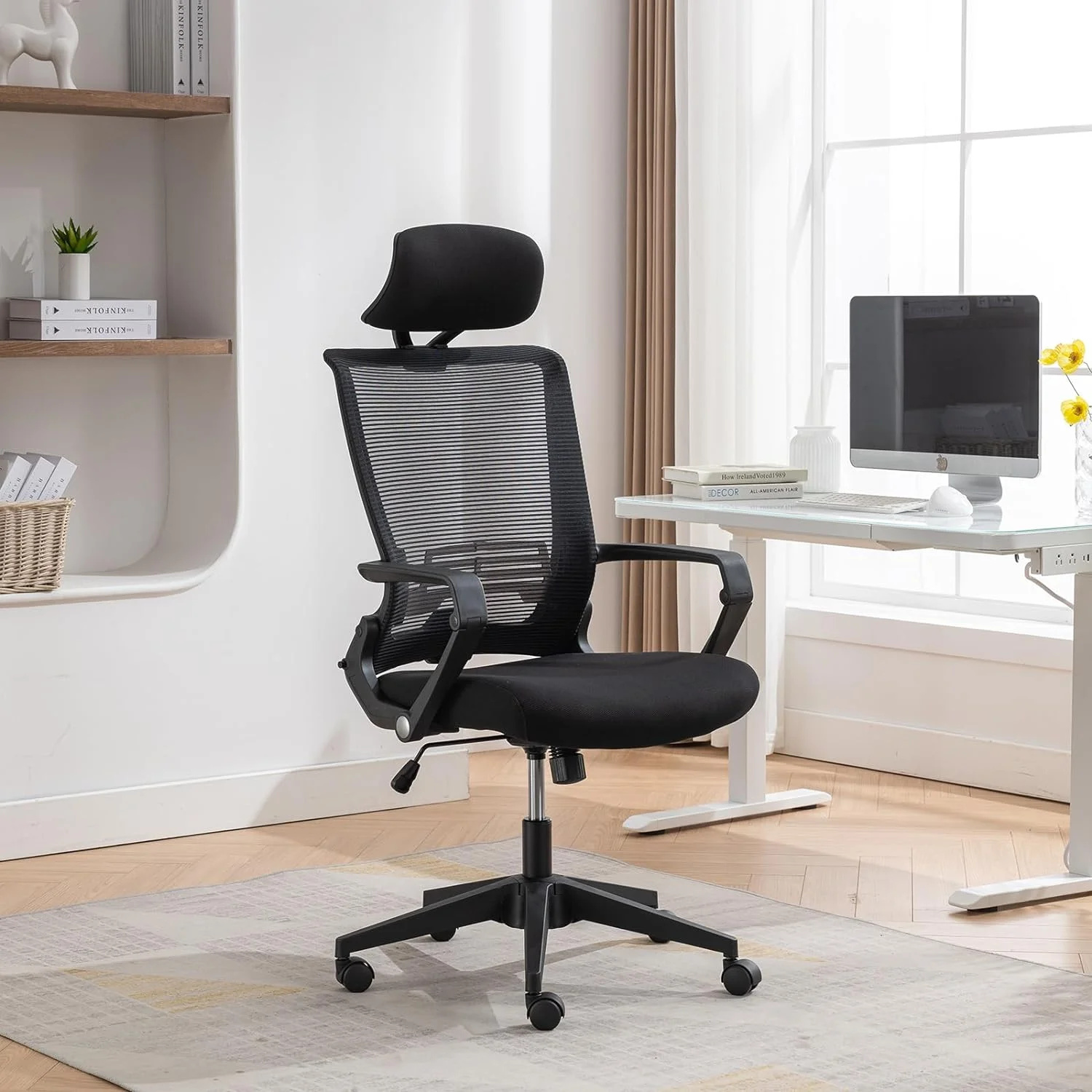 Foldable Ergonomic Office Chair, High Back Computer Desk Chair with Adjustable Lumbar Support, Fixed Armrests, Headrest, 90°-110° Rocking Chair, Home Office Desk Chair, Easy Assembly, Black