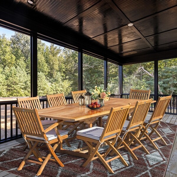 Seven Seas Teak 9 Piece Teak Wood Santa Monica Patio Dining Set,Rectangular Extension Table,8 Folding Arm and Side Chairs