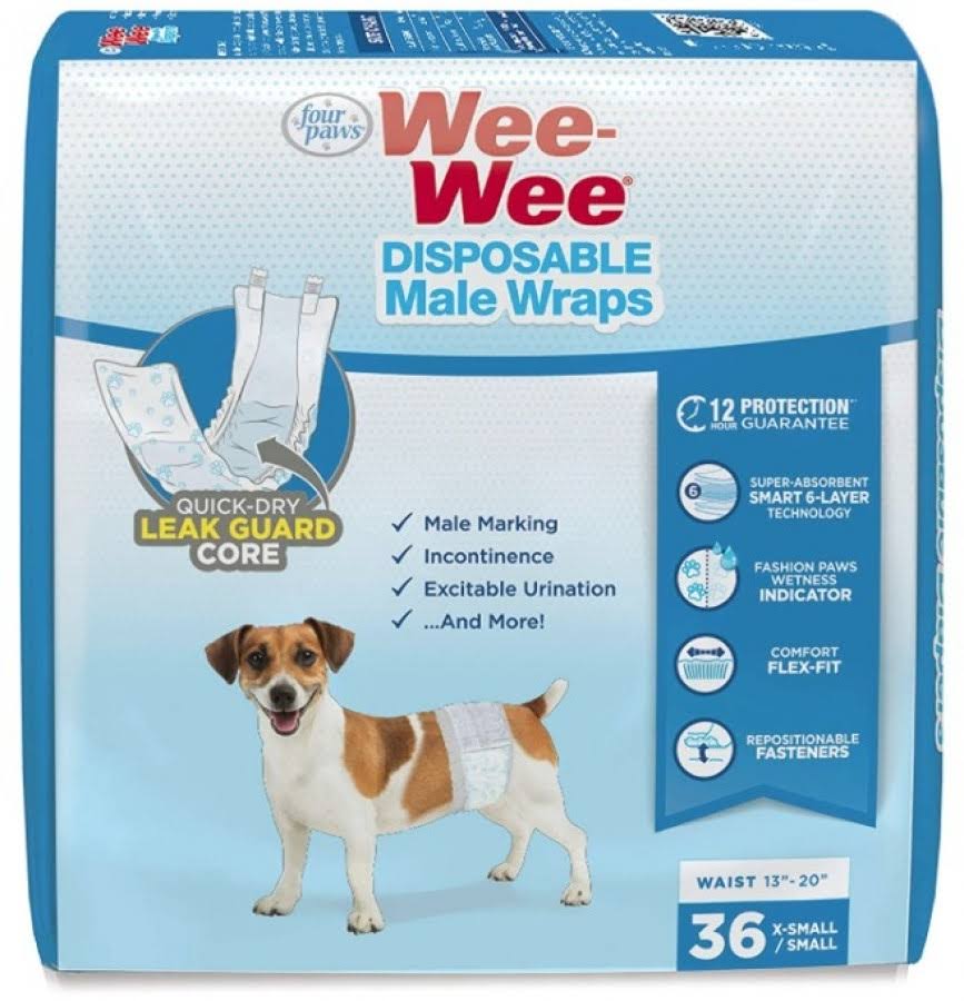 108 Count (3 x 36 ct) Four Paws Wee Wee Disposable Male Dog Wraps X-Sm