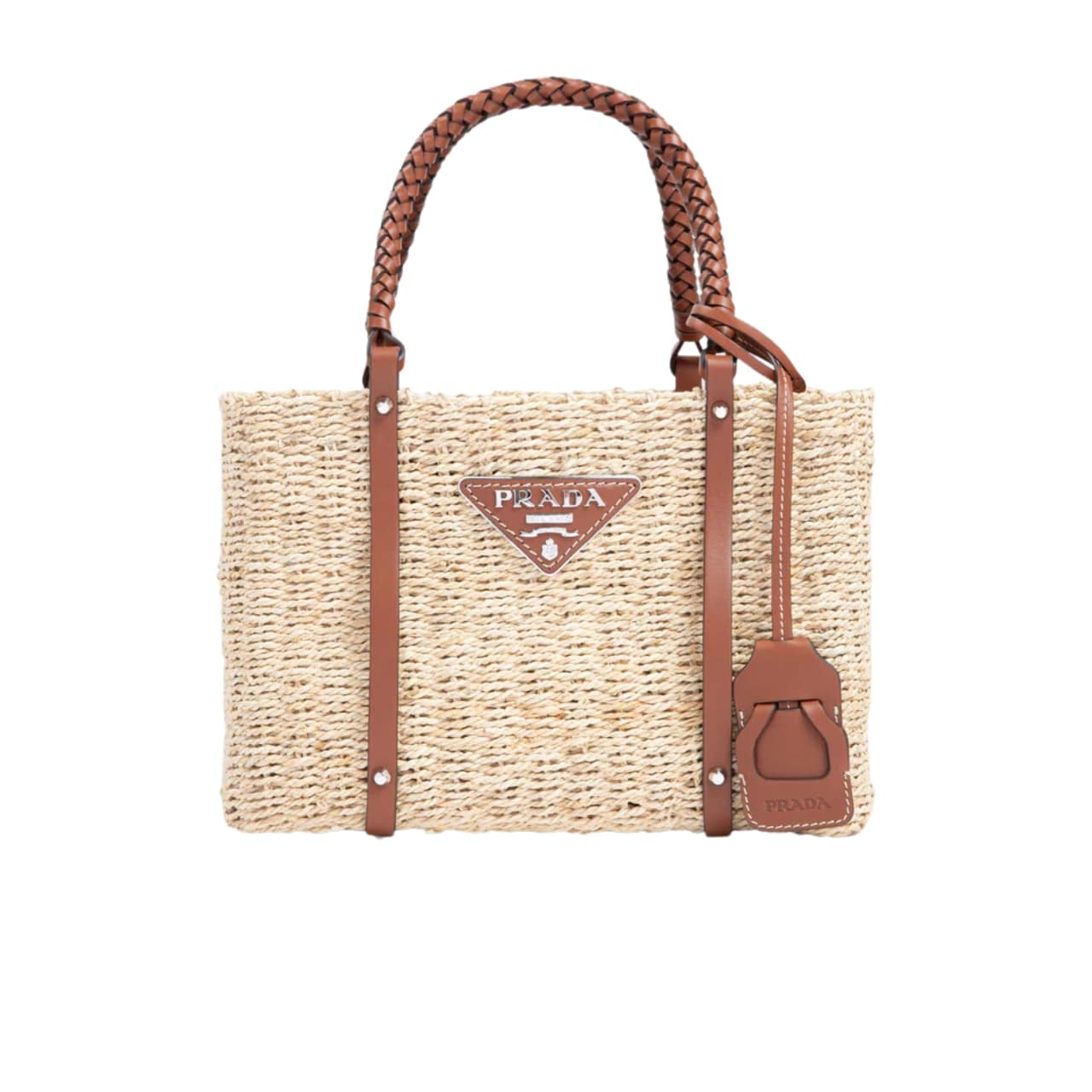 Prada Two Tone Woven Tote Bag In Multi Natural 28Cm