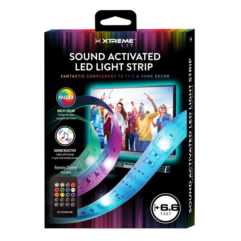 Xtreme Lit 6.5ft Sound Reactive Indoor LED Light Strip, 8 Color Modes, Back Adhesive, USB Powered