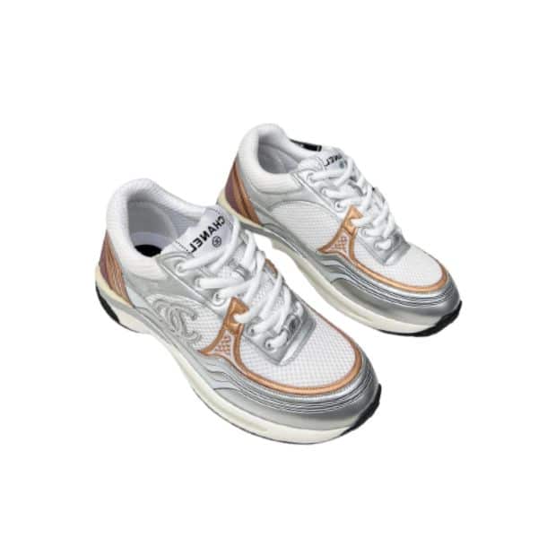 Chanel 23C Silver Metallic Cc Logo Lace Up Flat Runner Trainer Sneaker White Yellow