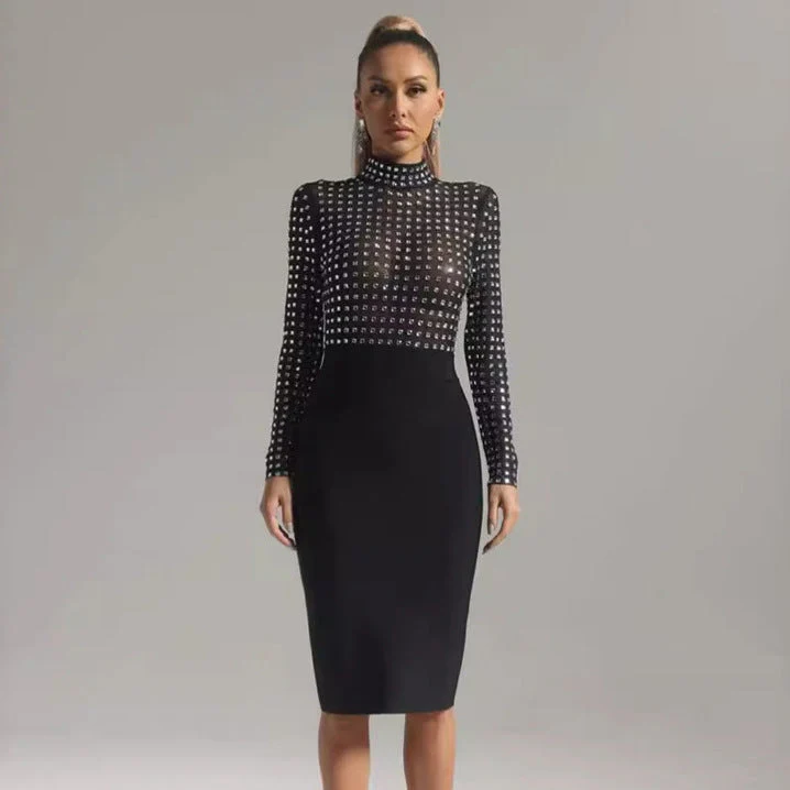 Rhinestone Mesh Mock Neck Bodycon DressClistos
