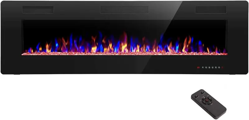 R.W. FLAME 60″ Recessed Electric Fireplace – Wall-Mounted Low-Noise Heater with Touch Screen, Flame Customization & Remote Timer