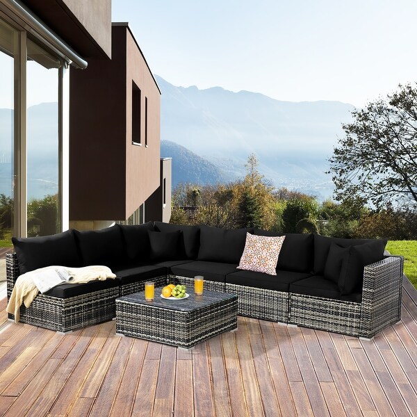 7PCS Patio Rattan Furniture Set Sectional Sofa Garden Cushion