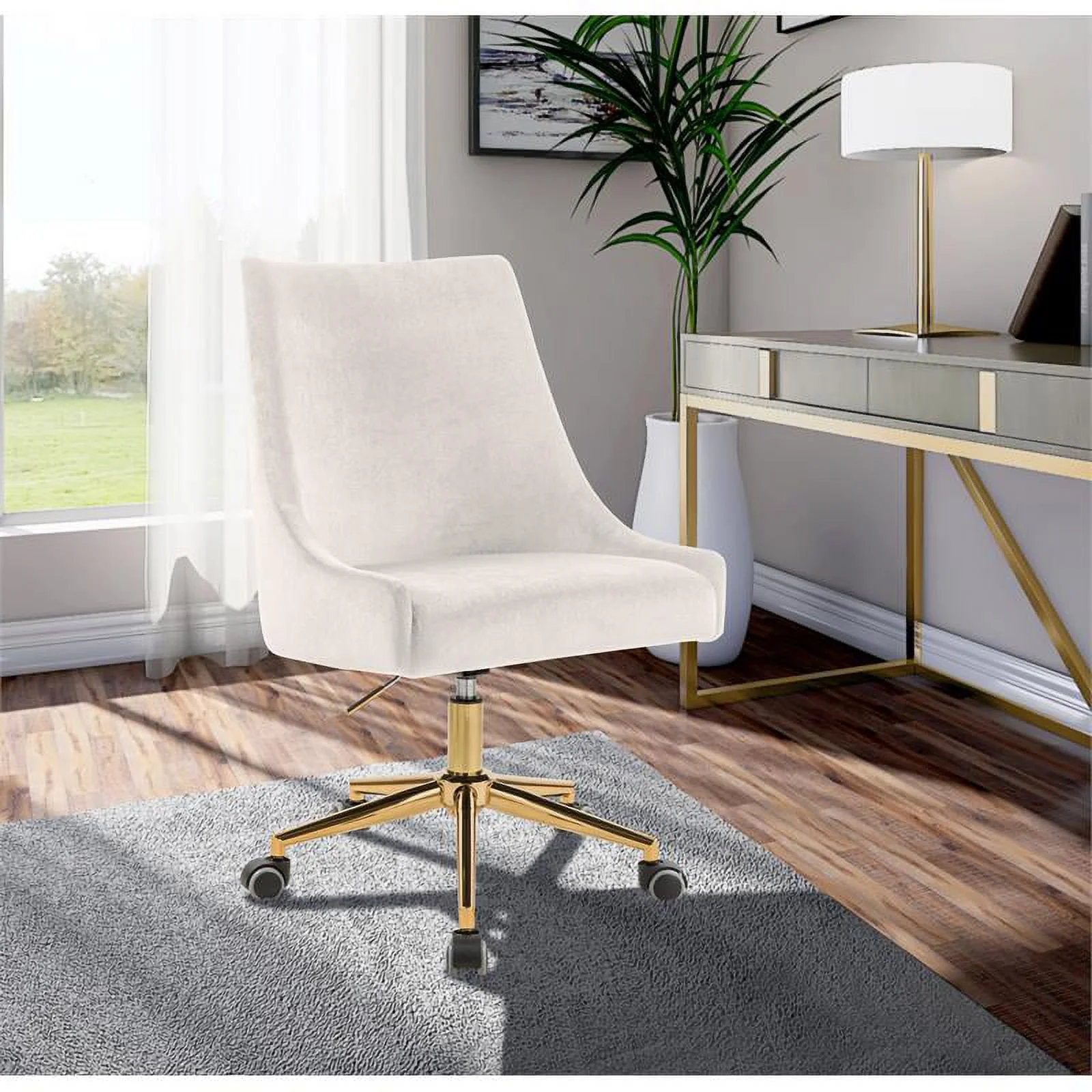 Scranton & Co Contemporary Velvet Swivel Adjustable Office Chair in Cream