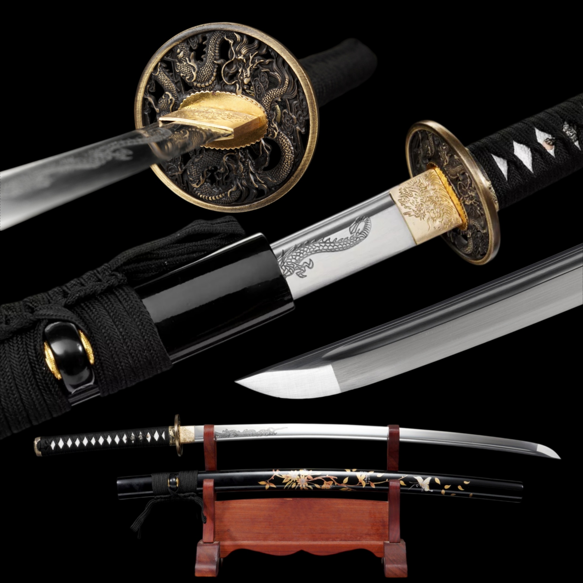 Handmade Katana High Carbon Steel Engraved Dragon Tsuba Full Tang