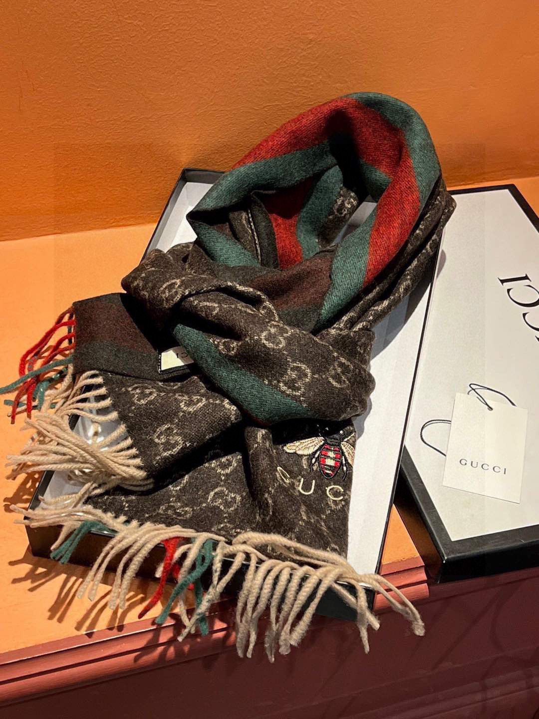 Gucci Cashmere Scarf Stripe Brown Green For Women 190cm