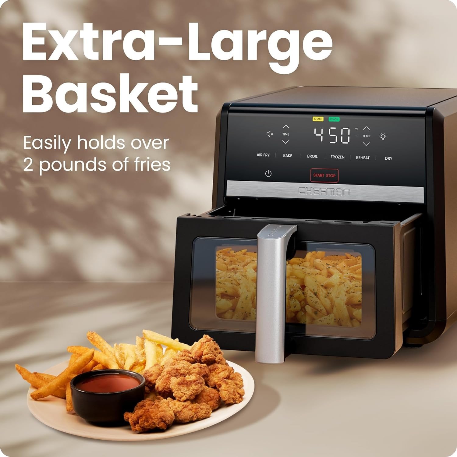 9QT 6-in-1 Air Fryer, 450°F Max Temp, Turbo Air Flow, View Window, Dishwasher Safe Nonstick Basket, 1750W, Matte Black