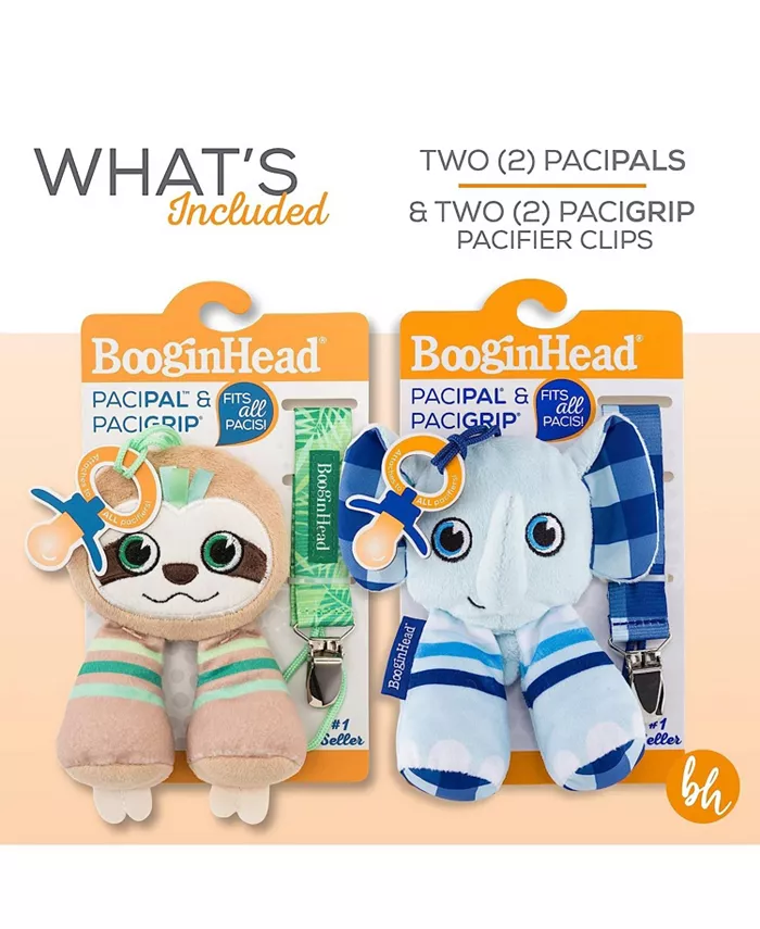 Booginhead Pacifier Holder Stuffed Animal and Baby Pacifier Clip, 2-Pack Elephants and Sloth