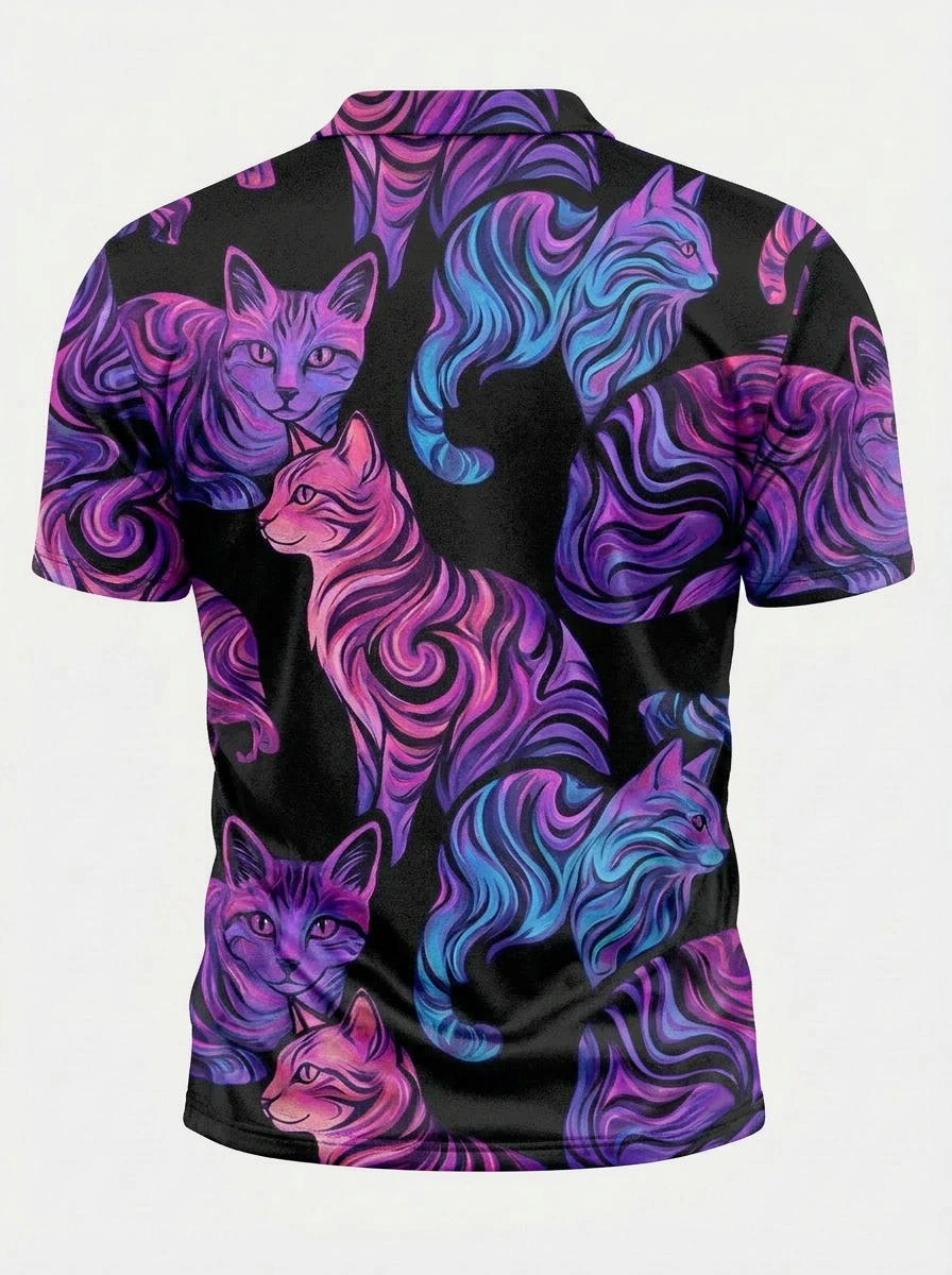 Moisture Wicking Golf Polo 3D Black Purple Pink Blue Swirl Cat Button Short Sleeve Golf Polo Shirt